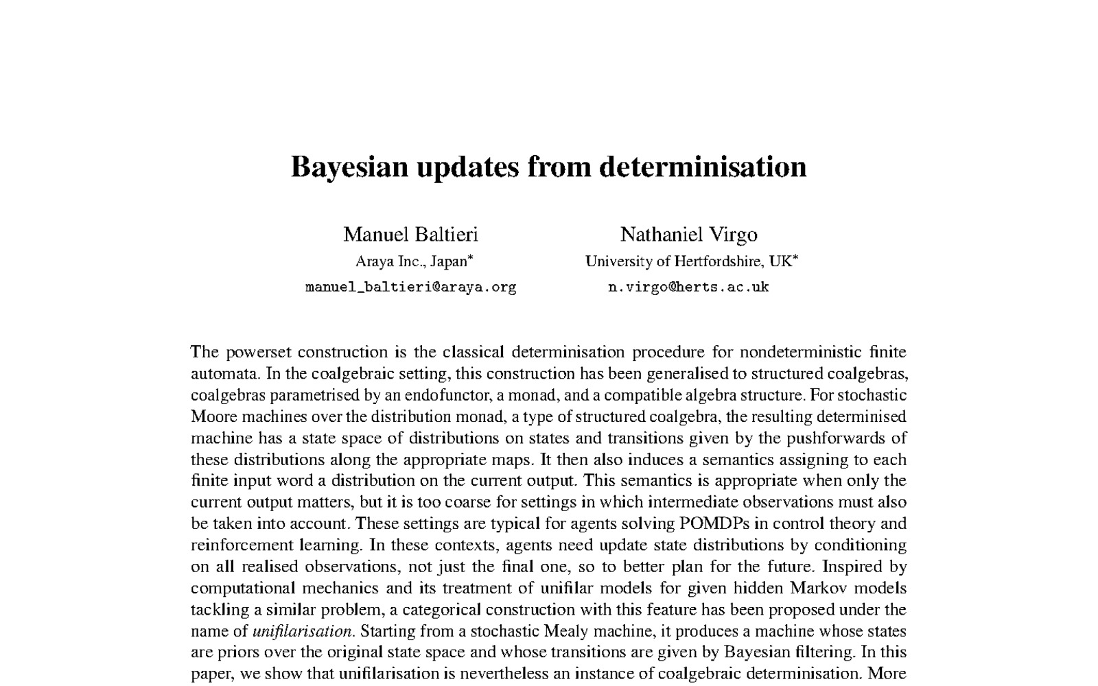 Bayesian updates from coalgebraic determinisation