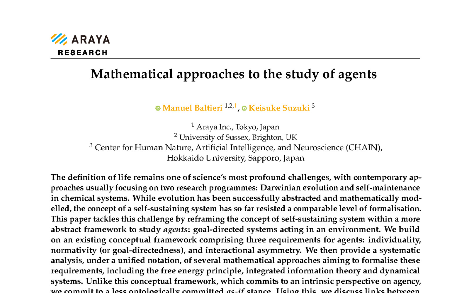 Mathematical approaches to the study of agents