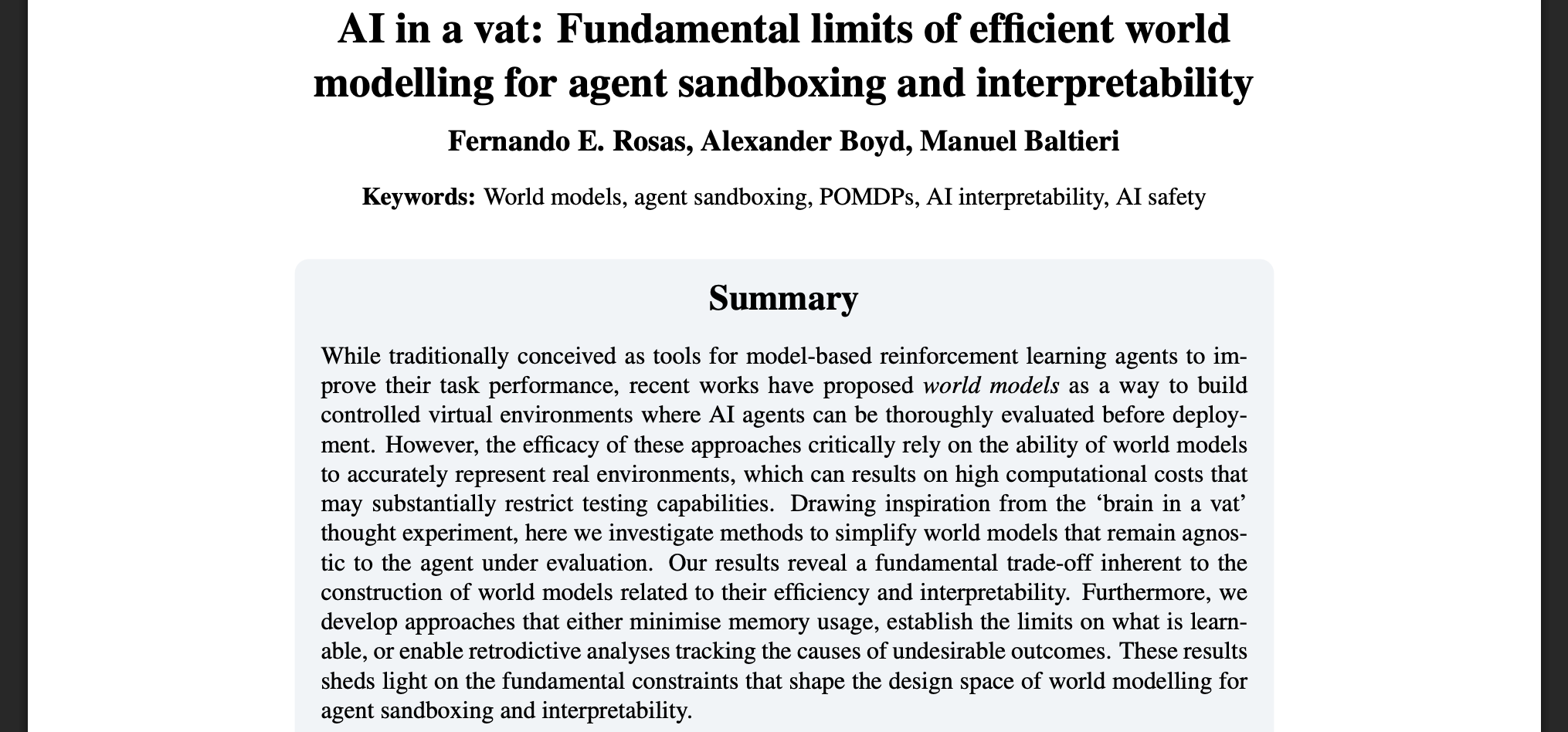 “AI in a vat” accepted at RLC