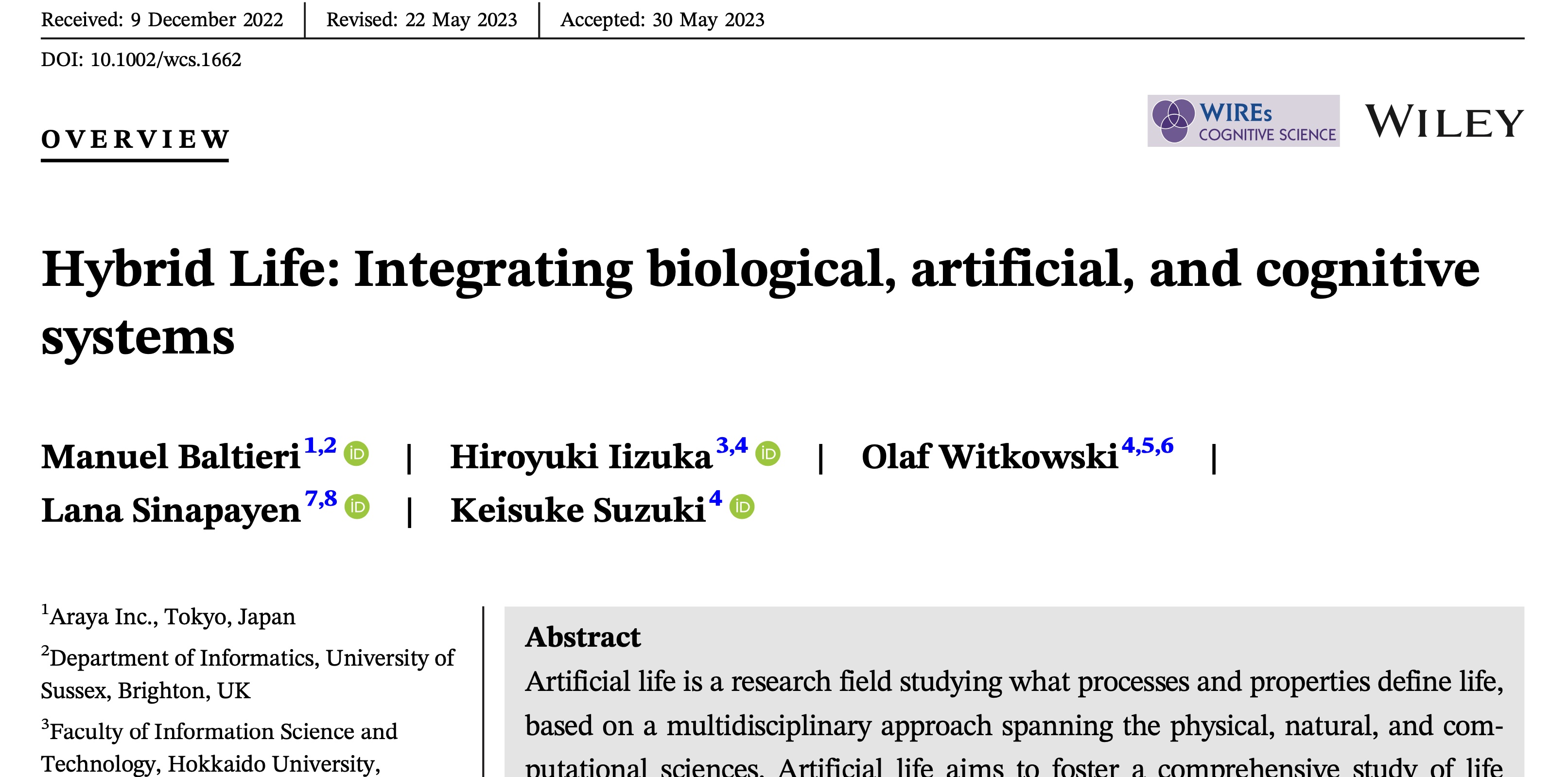 Work on hybrid life special sessions published in WIREs Cognitive Science